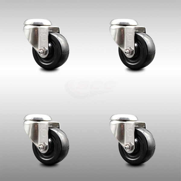 3 Inch 316SS Hard Rubber Wheel Swivel Bolt Hole Caster Set
